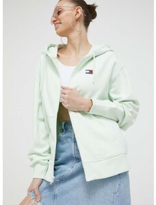 Bavlněná mikina Tommy Jeans dámská, zelená barva, s kapucí, hladká