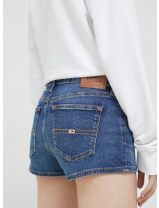 Džínové šortky Tommy Jeans dámské, tmavomodrá barva, hladké, medium waist