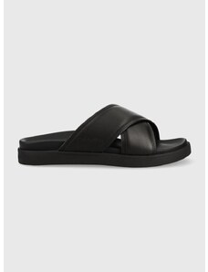 Kožené pantofle Calvin Klein CRISS CROSS SANDAL LTH pánské, černá barva, HM0HM01069