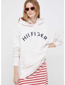 Bavlněná mikina Tommy Hilfiger dámská, béžová barva, s kapucí, s aplikací