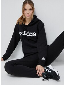 Bavlněná mikina adidas dámská, černá barva, s kapucí, vzorovaná