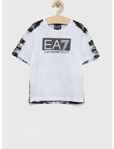 Dětské bavlněné tričko EA7 Emporio Armani bílá barva