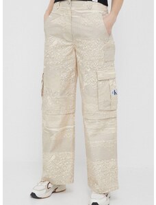 Bavlněné kalhoty Calvin Klein Jeans béžová barva, široké, high waist