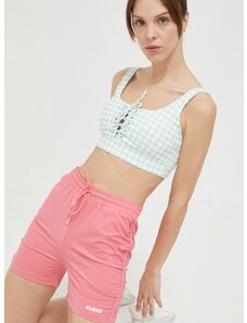 Kraťasy Guess dámské, růžová barva, hladké, high waist