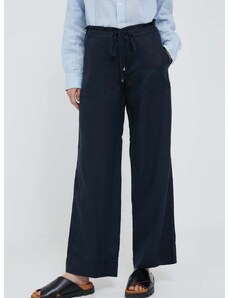Plátěné kalhoty Lauren Ralph Lauren tmavomodrá barva, široké, medium waist