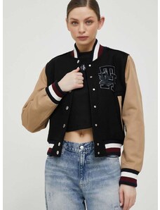 Vlněná bomber bunda Tommy Hilfiger černá barva, přechodná