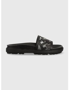 Kožené pantofle Tommy Hilfiger TH ELEVATED FLAT SANDAL dámské, černá barva, na platformě, FW0FW07407