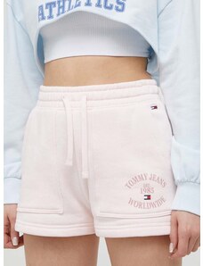 Bavlněné šortky Tommy Jeans růžová barva, s potiskem, high waist