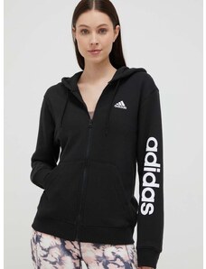 Bavlněná mikina adidas dámská, černá barva, s kapucí, s potiskem
