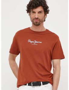Bavlněné tričko Pepe Jeans EDWARD hnědá barva, s potiskem