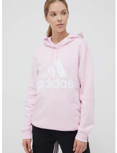 Mikina adidas dámská, růžová barva, s kapucí, s potiskem