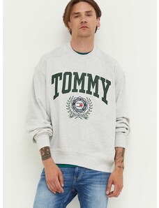 Bavlněná mikina Tommy Jeans pánská, šedá barva, s aplikací