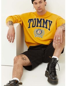 Bavlněná mikina Tommy Jeans pánská, žlutá barva, s aplikací