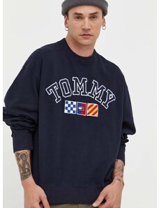 Bavlněná mikina Tommy Jeans pánská, tmavomodrá barva, melanžová