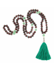 Bodhi Yoga Bodhi Mala náhrdelník Rosewood / Onyx se zeleným střapcem, 108 korálků