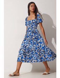 Happiness İstanbul Women's Blue Floral Patterned Summer Viscose Dress