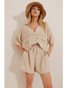 Trend Alaçatı Stili Women's Beige Double Pocket Cotton Aerobin Shirt And Shorts Double Suit