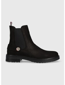 Semišové kotníkové boty Tommy Hilfiger Th Coin Flat Boot dámské, černá barva, na plochém podpatku