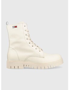 Kožené workery Tommy Jeans Tommy Jeans Lace Up Wmns Boot dámské, béžová barva, na plochém podpatku