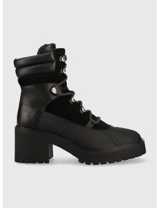 Kožené kotníkové boty Tommy Hilfiger Heel Laced Outdoor Boot dámské, černá barva, na podpatku, lehce zateplené