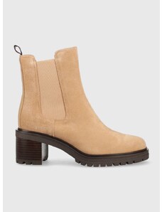 Semišové kotníkové boty Tommy Hilfiger Outdoor Chelsea Mid Heel Boot dámské, béžová barva, na podpatku