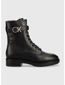 Kožené kotníkové boty Calvin Klein Rubber Sole Combat Boot dámské, černá barva, na plochém podpatku