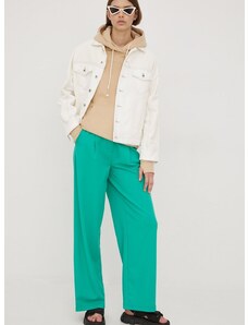 Kalhoty Pieces dámské, zelená barva, široké, high waist