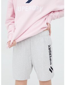 Bavlněné šortky Superdry dámské, šedá barva, s aplikací, high waist