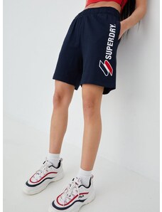 Bavlněné šortky Superdry dámské, tmavomodrá barva, s aplikací, high waist