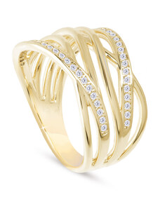 Biju Pozlacený dámský prsten 14k zlatem, asymetrické pásy ozdobené zirkony 4000337