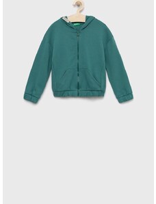 Dětská bavlněná mikina United Colors of Benetton zelená barva, s kapucí, hladká