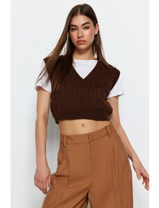 Trendyol Brown Crop Pletený svetr s výstřihem do V