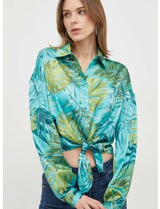 Košile Guess BOWED JUN dámská, tyrkysová barva, relaxed, s klasickým límcem, W3GH93 WD8G2