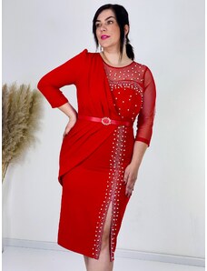 Webmoda Luxusní společenské šaty s perlami a páskem pro moletky - červené