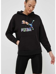 Mikina Puma dámská, černá barva, s kapucí, s potiskem