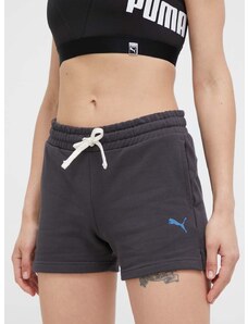 Bavlněné šortky Puma šedá barva, s potiskem, high waist