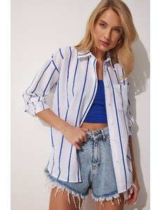 Happiness İstanbul Women's Blue White Striped Oversize Long Cotton Shirt