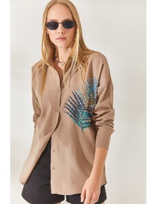 Olalook Mink Palm Sequin Detailed Oversized Woven Poplin Shirt