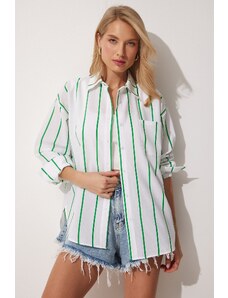 Happiness İstanbul Women's Green White Striped Oversize Long Cotton Shirt