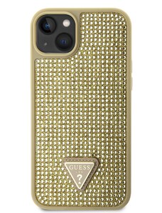 Ochranný kryt pro iPhone 14 - Guess, Rhinestones Triangle Metal Logo Gold