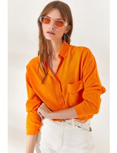 Olalook Women's Orange One Pocket Woven Viscose Shirt