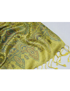 Hedvábná šála Jamawar velká - Žlutá s ornamenty
