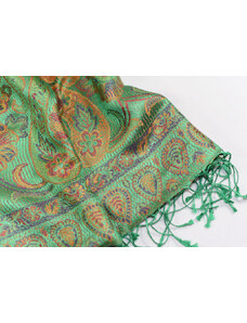 Hedvábná šála Jamawar velká - Zelená s ornamenty 4