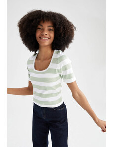 DEFACTO Slim Fit Striped Round Neck Short Sleeve Knitwear T-Shirt