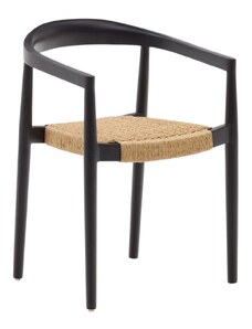Černá teaková zahradní židle Kave Home Ydalia se světlým pleteným sedákem