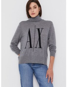 Vlněný svetr Armani Exchange dámský, šedá barva, lehký, s rolákem