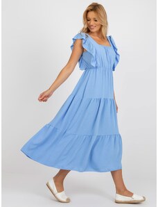 Fashionhunters Světle modré rozevláté šaty s volánem