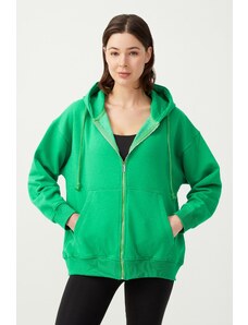 LOS OJOS Women's Green Hooded Oversize Raised Zipper Knitted Sweatshirt