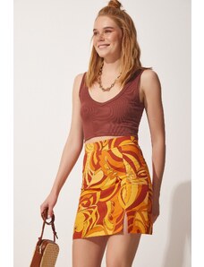 Happiness İstanbul Women's Orange Geometric Pattern Slit Mini Knitted Skirt