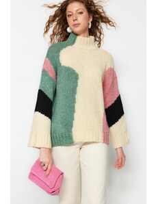 Trendyol béžový měkký texturovaný pletený svetr s barevným blokem